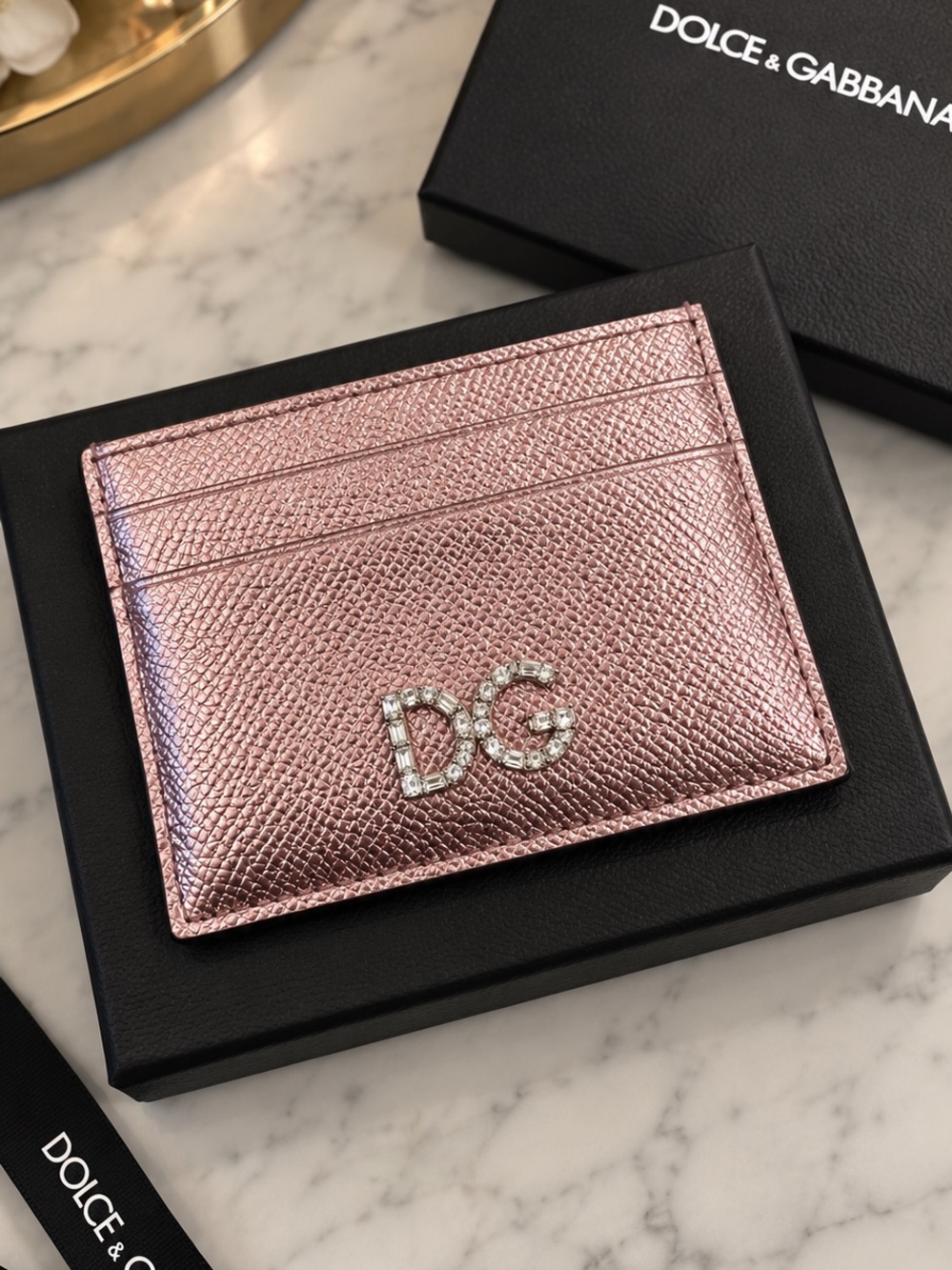 Dolce & Gabbana Rose Metallic Leather Card Holder with Crystal DG Logo
